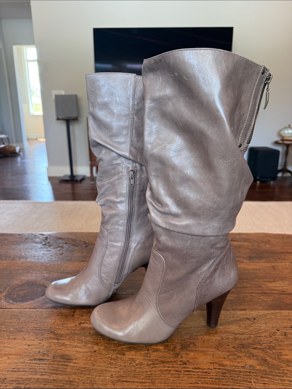 Guess Taupe Leather Vintage Slouchy Tall 4" Heeled Boots Size 10